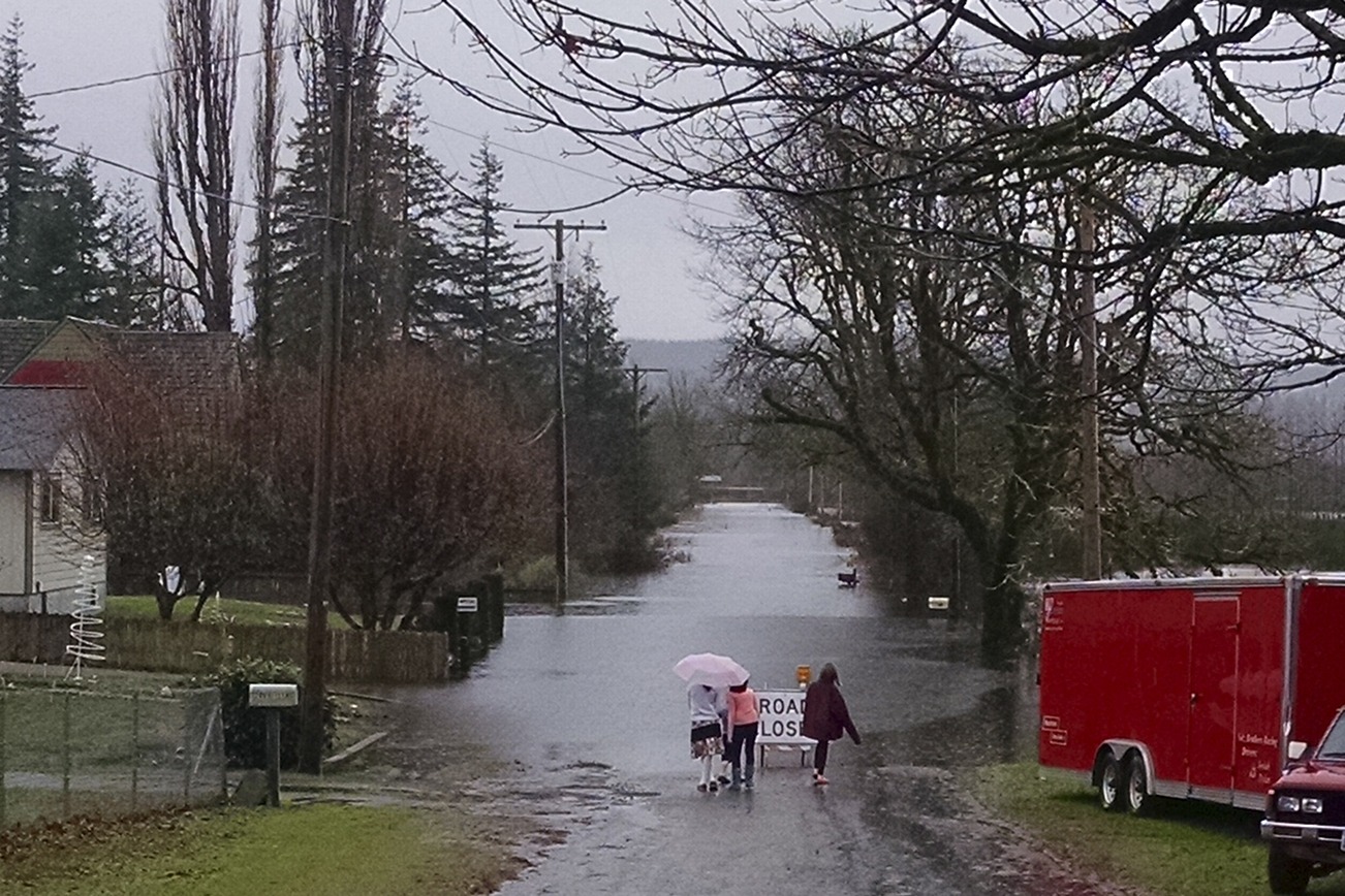 (Corey Morris | The Vidette) Children survey the flooding on South 12th Street in Elma in December 2015.