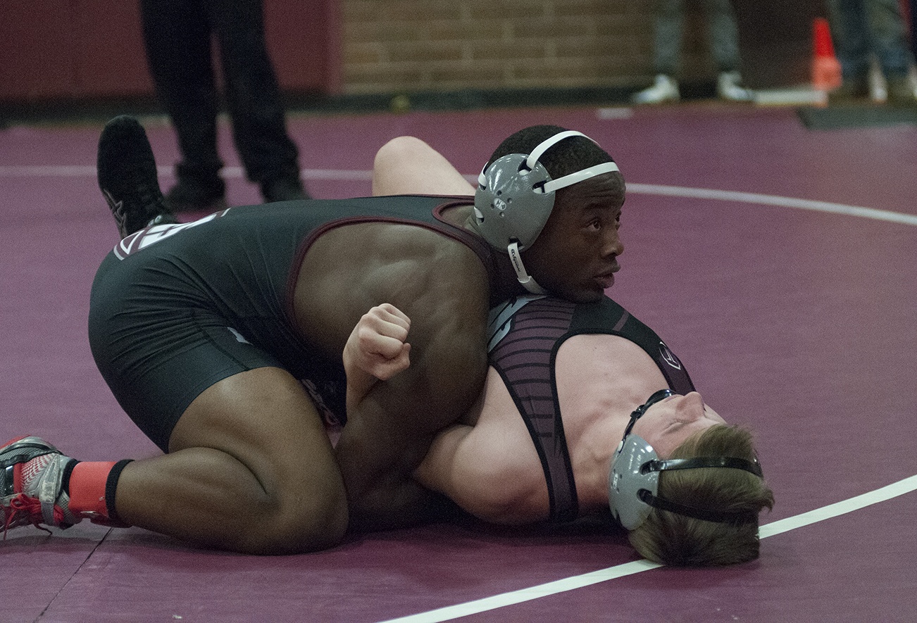 (Brendan Carl | The Daily World) Hoquiam’s Artimus Johnson pins Montesano’s Jesse Wojcik.