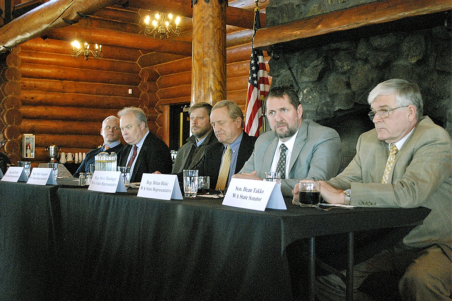 Legislators from the 19th and 24th legislative districts participated in Thursday’s Greater Grays Harbor legislative sendoff. Each spoke about the priorities for the 2017 legislative session and fielded questions from a handful of the dozens who attended the event at the Rotary Log Pavillion. Pictured left to right are Senator Kevin Van De Wege, Representative Jim Walsh, Representative Mike Chapman, Representative Steve Tharinger, Representative Brian Blake, and Senator Dean Takko.