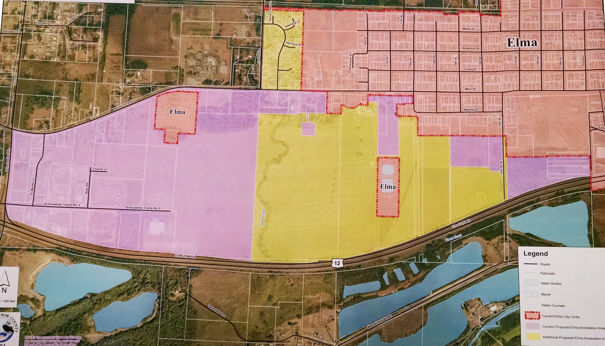 A map of the potential City of Elma annexation as amended by the Grays Harbor County Boundary Review Board. The city had proposed annexing in the purple area. The Boundary Review Board is proposing that the city also annexes in the yellow area.