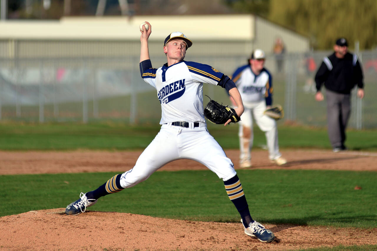 RYAN SPARKS | THE DAILY WORLD Aberdeen starting pitcher Hunter Eisele allowed three hits and struck out 10 Elma Eagles in earning a 6-1 victory on Thursday at Ken Waite Field in Aberdeen.