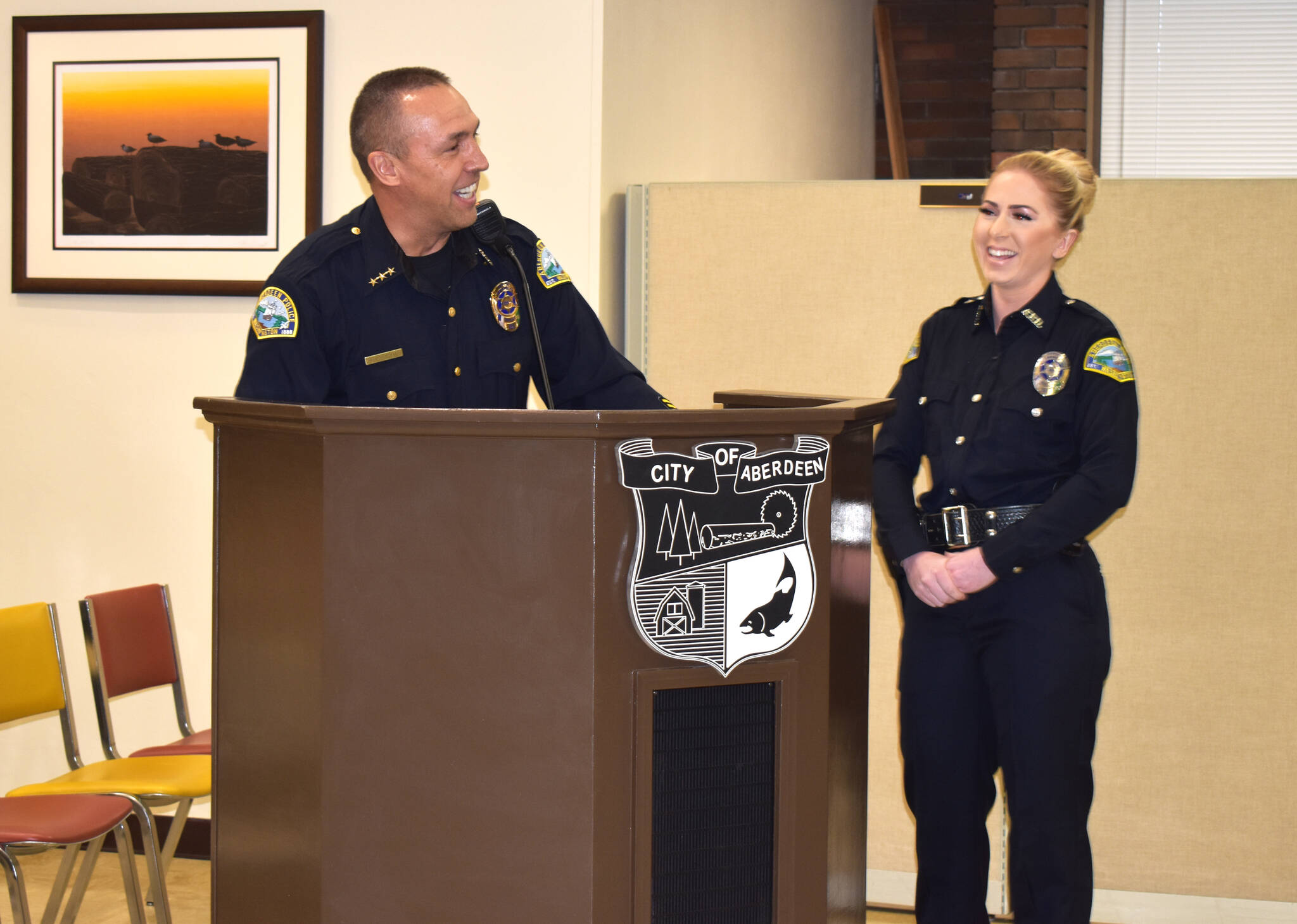 Aberdeen Police Chief Steve Shumate proudly recalls APD Officer Brandi Slater’s heroic efforts to enter a burning house in order to save the lives of two men on Wednesday night, May 11, at the Aberdeen City Council meeting. Matthew N. Wells | The Daily World